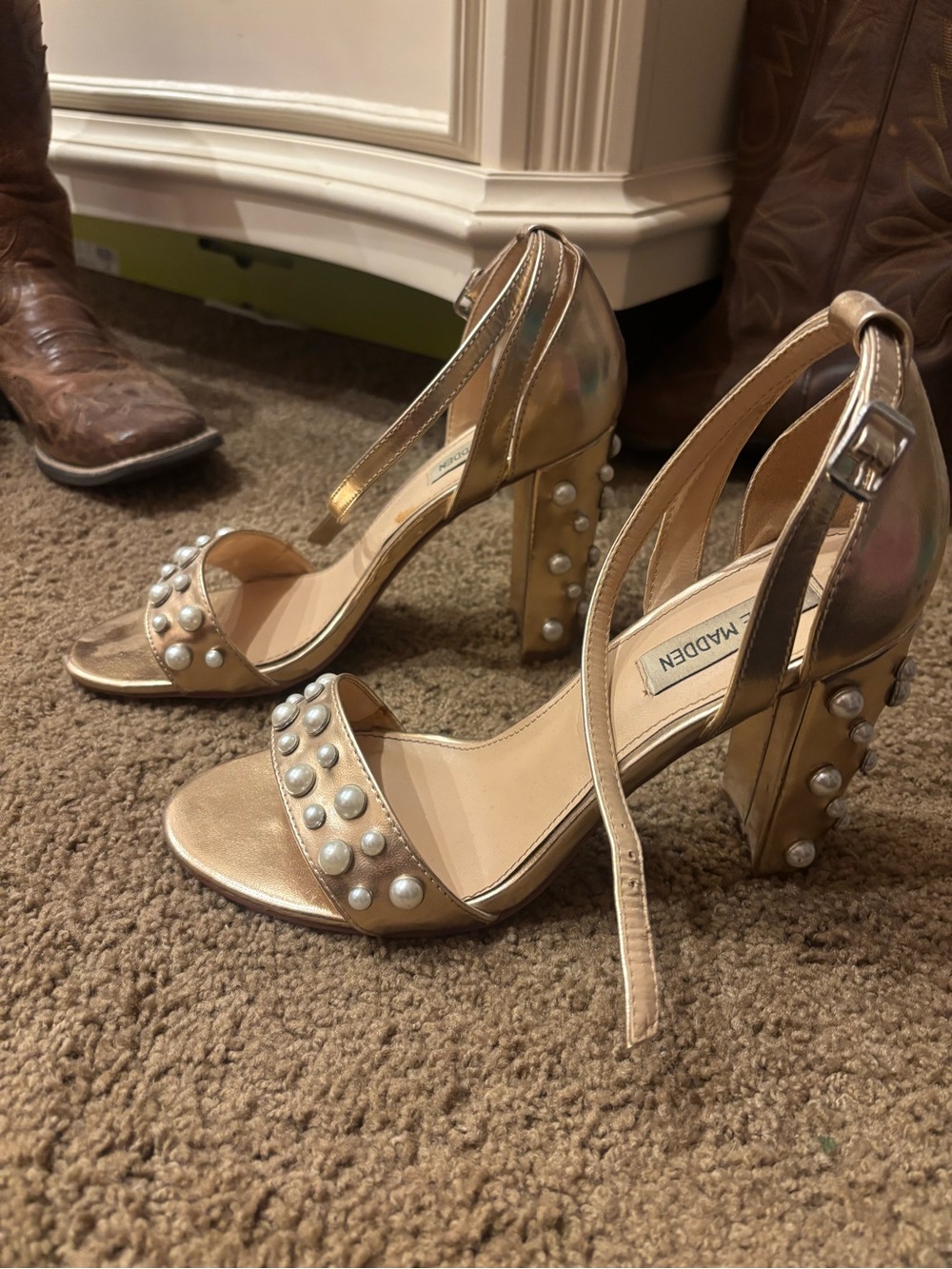 Steve Madden Metallic Gold Pearl-Studded Block Heel Sandals